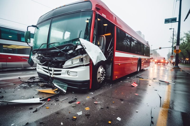 Bus traffic accident on road, motor insurance policy concept. AI Generated image.