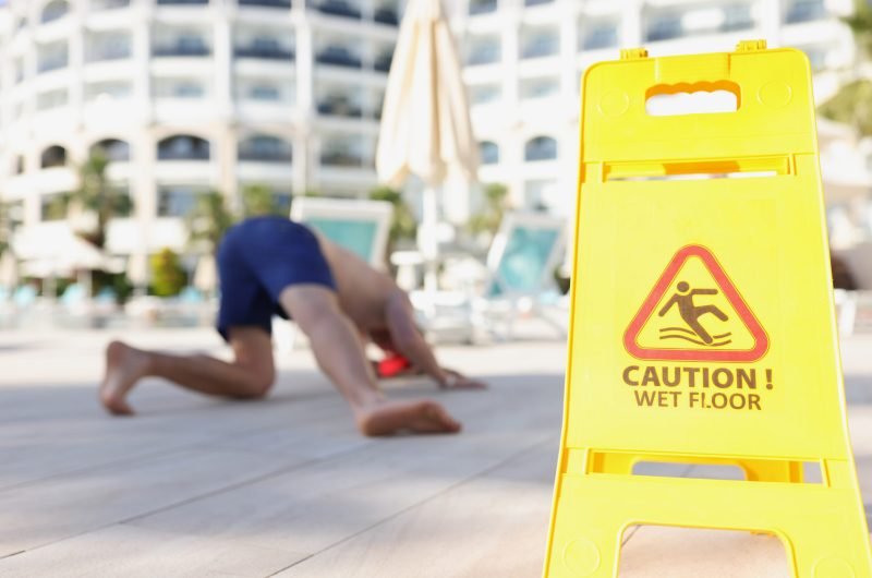 Yellow sign with warning caution wet floor standing near falling man closeup. Warning signs be careful concept